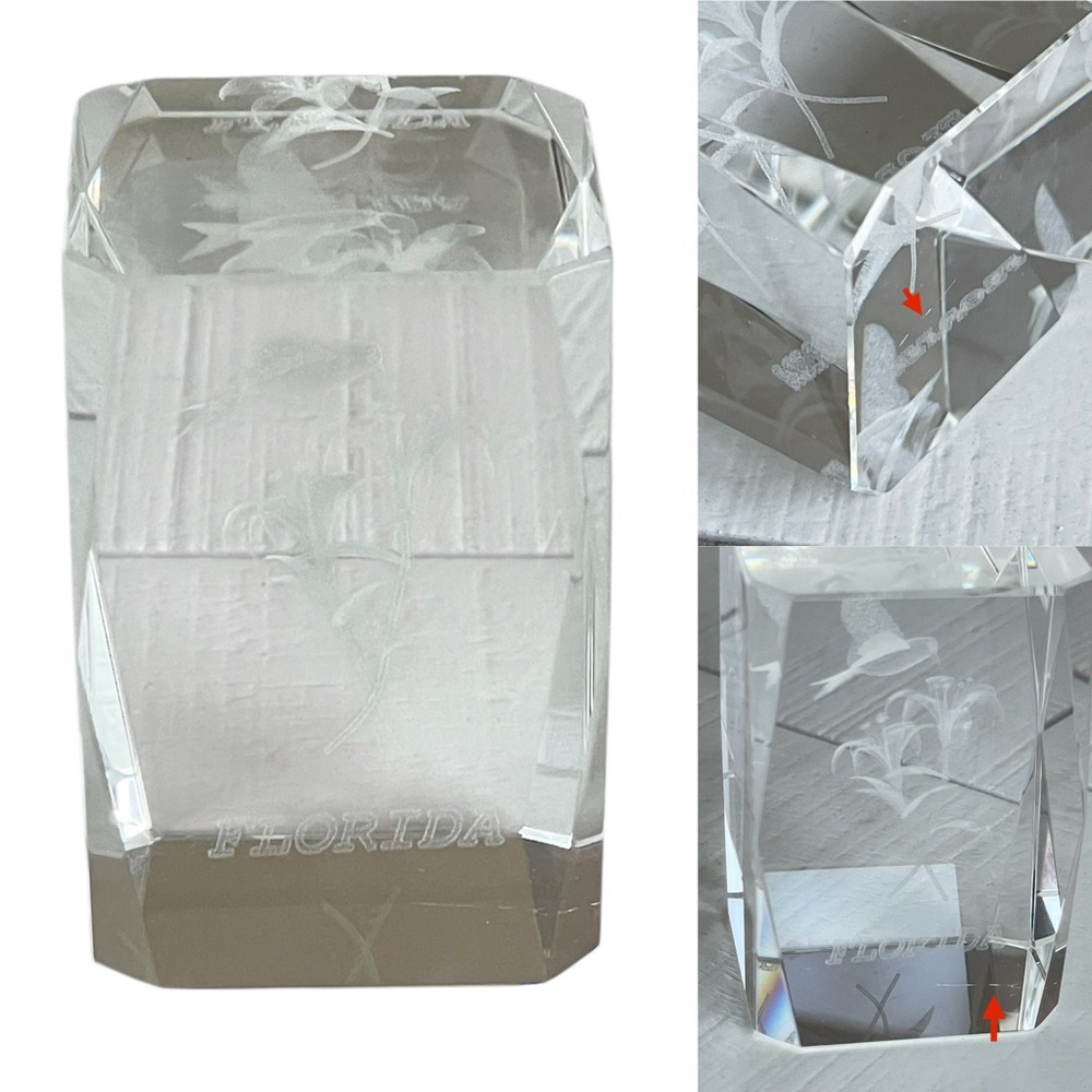 Clear Glass 3D Laser Etched Florida Hummingbird Lillies Small Tower Paperweight